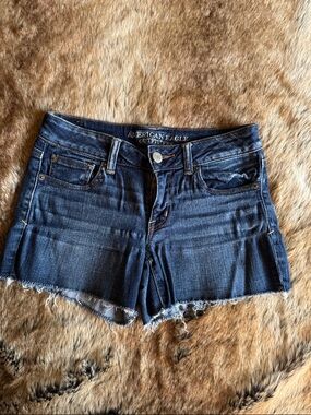 American Eagle Outfitters Dark Blue Denim Frayed Hem Shorts